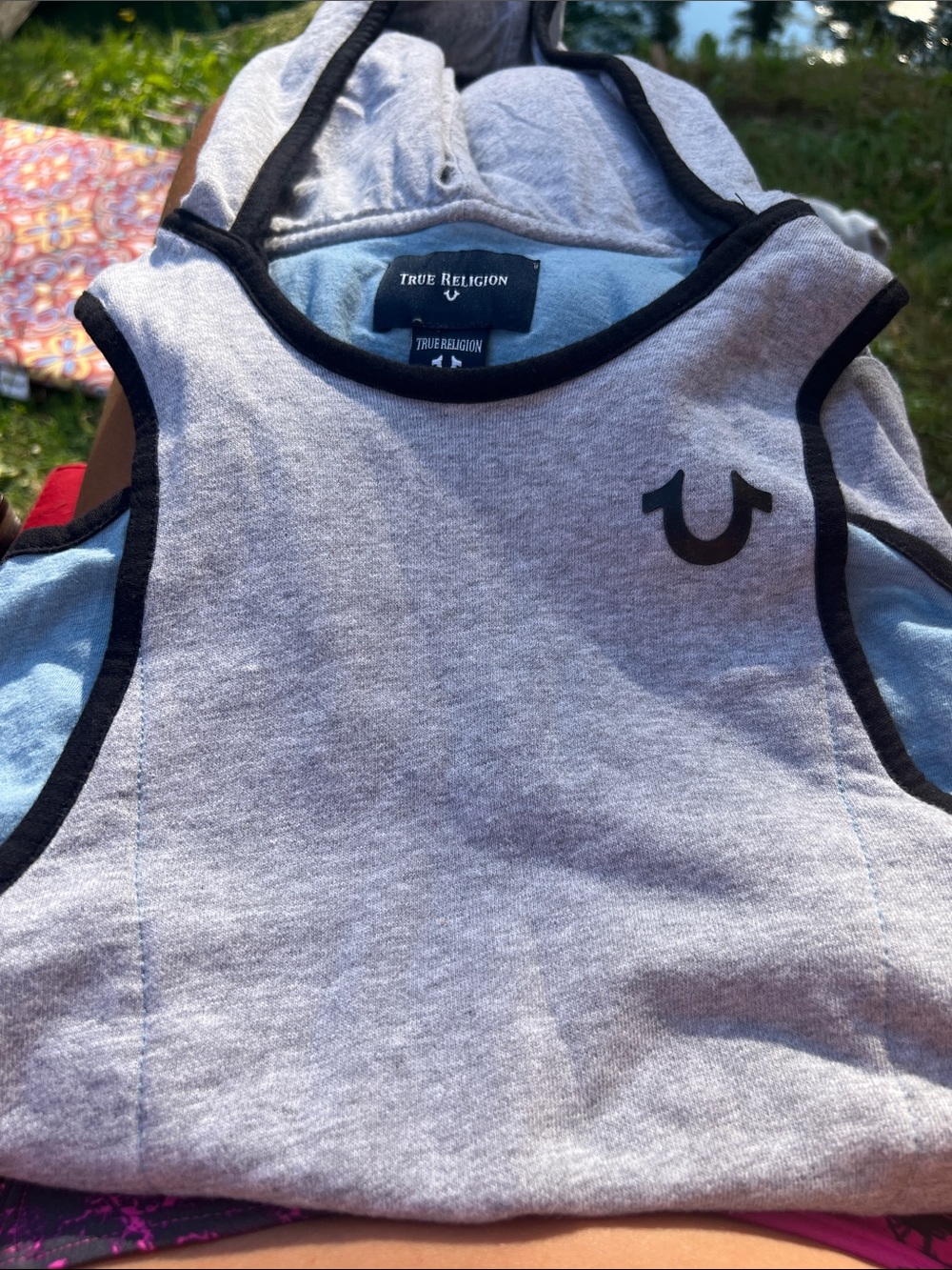 Vintage True Religion Gray Hooded Sleeveless Tank with Light Blue Lining